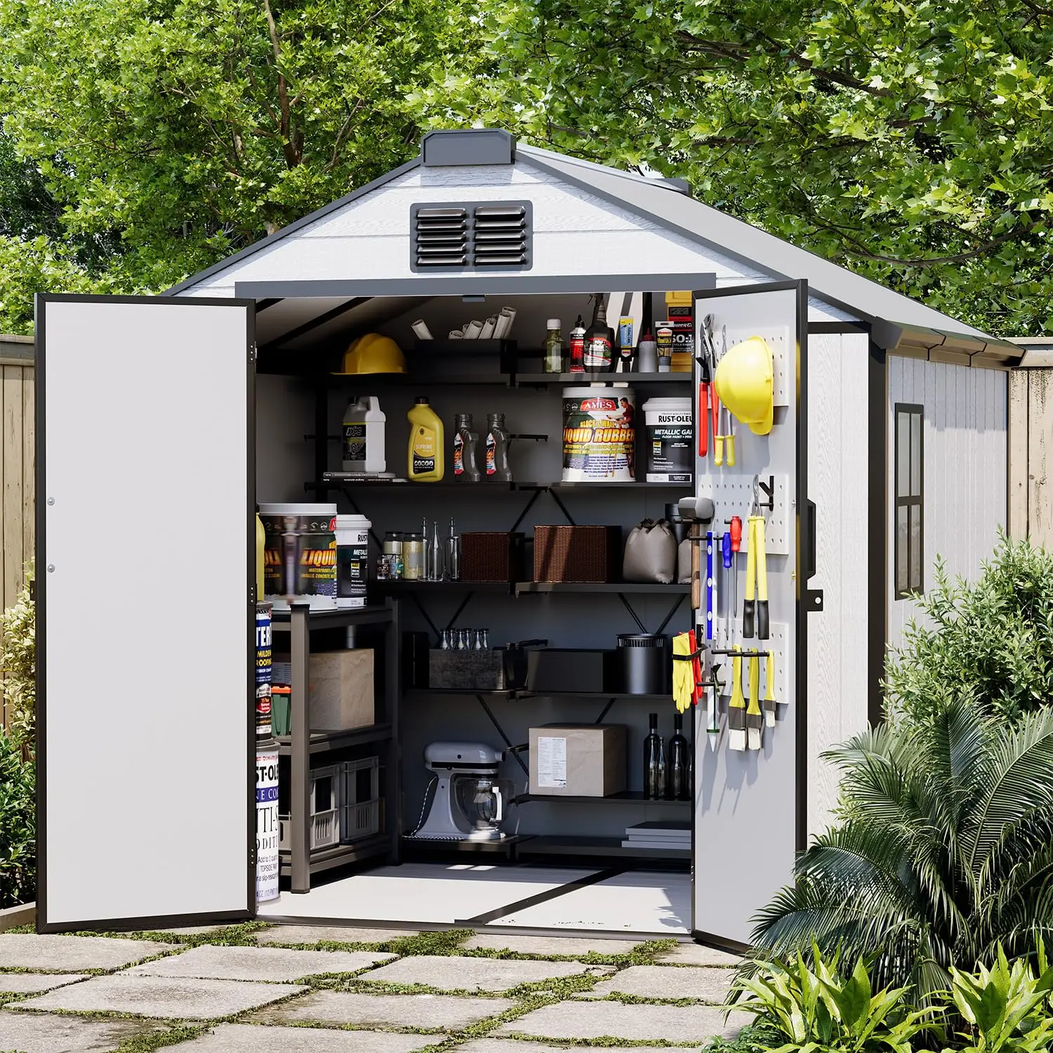 Garden Tools - โรงเก็บของกลางแจ้งทำจากเรซิน ขนาด 8x6 ฟุต พร้อมพื้น, โรงเก็บเครื่องมือทำสวนพลาสติก,
