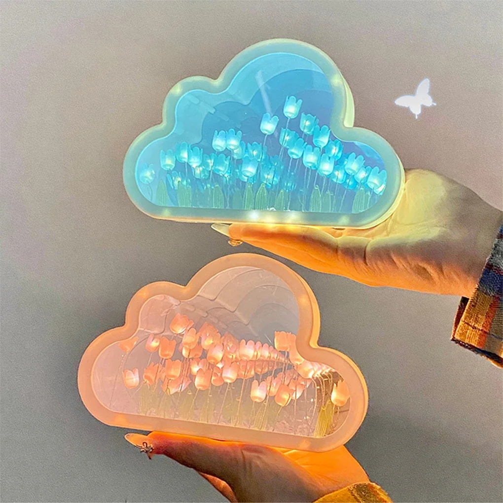 Lampu Malam Tulip Awan Buatan Tangan DIY Bahan Bunga Dekorasi Rumah Cermin Lampu Suasana Kreatif Hadiah Ulang Tahun Hari Valentine