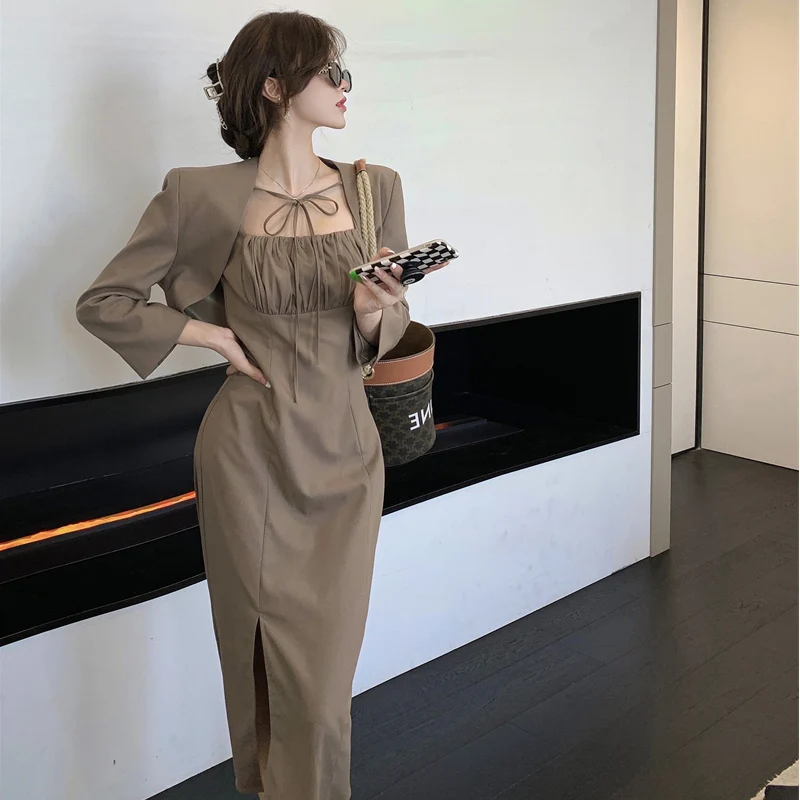 

Новинка! Весеннее женское платье больших размеров: сексуальное, стройнящее, с асимметричным разрезом, на бретельках, в корейском стиле, для офиса, с длинным рукавом, миди.