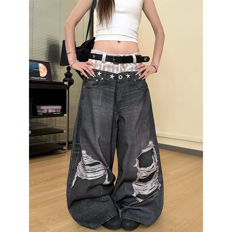 2026 American High Street Vintage Washed Ripped Print Double Waist Design High Waist Loose Wide Leg Denim Jeans Women
