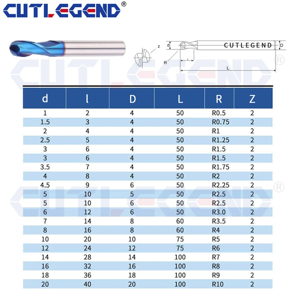 Ball Nose End Mill Tungsten Carbide Cutter CNC Router Bit Milling Tool R0.5 R1 R2 R3 R4 R5 6mm 8mm 10mm Shank HRC55 65 2 Flute