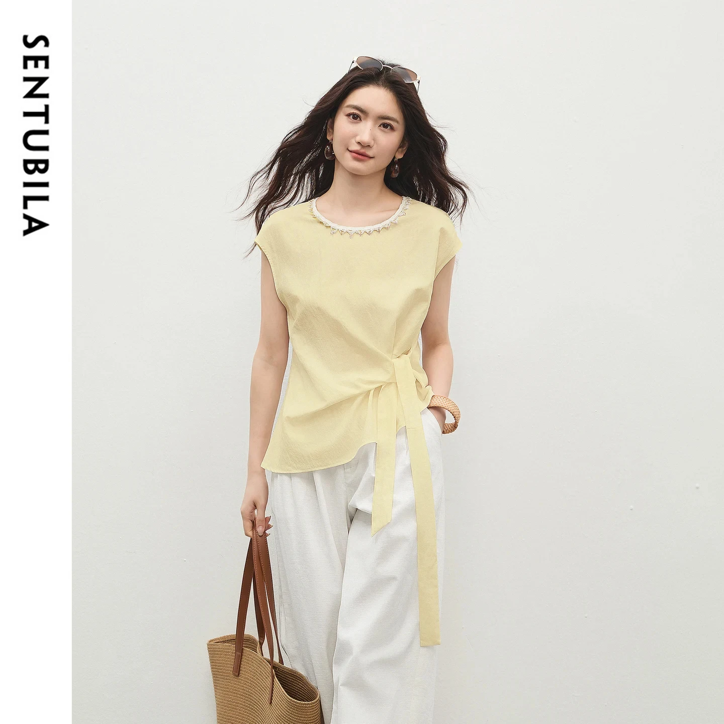 

SENTUBILA Casual Office Women's Chiffon Blouse 2026 Summer New Beaded Lace Trim Round Neck Tie Waist Cap Sleeve Shirt 162VA6048