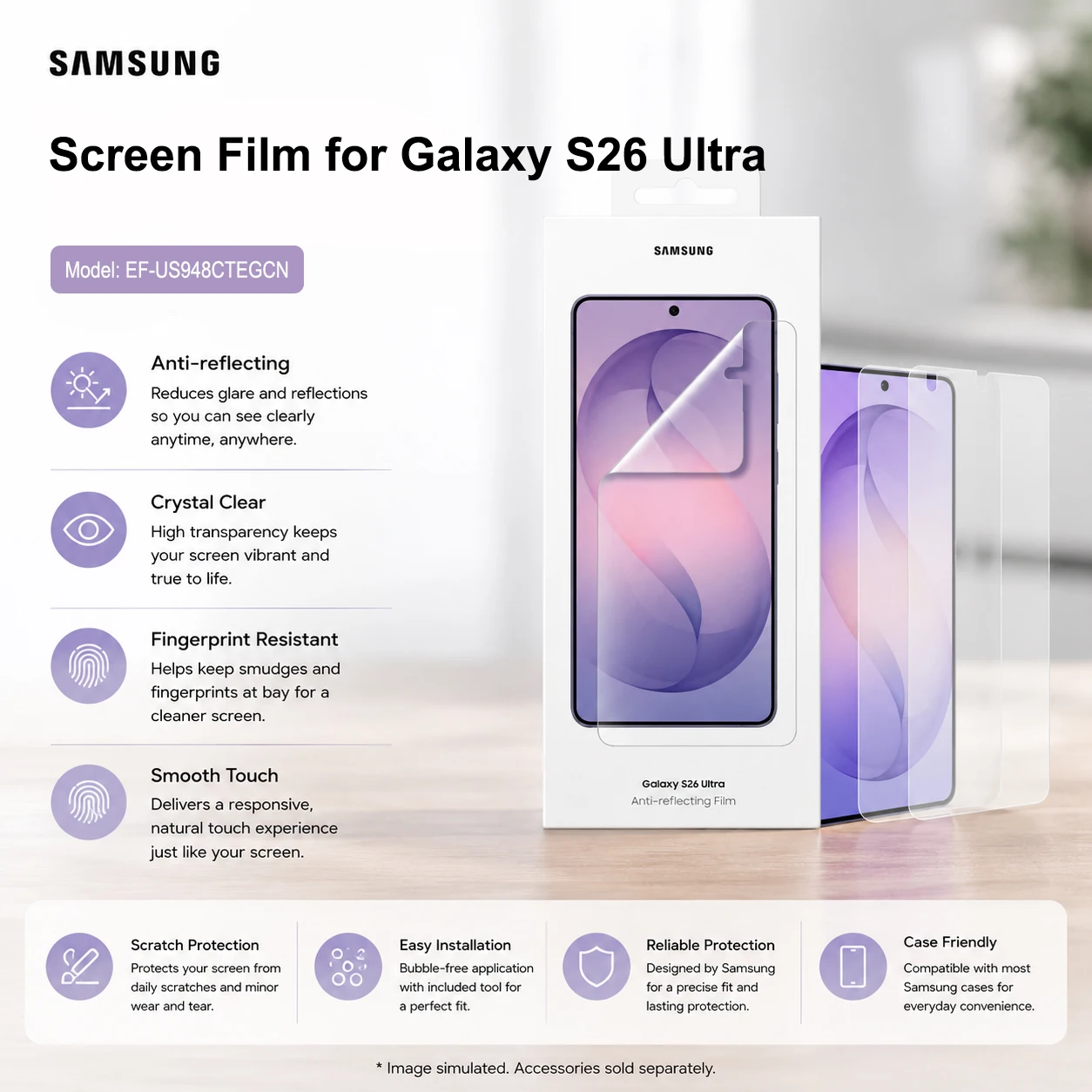 Original Samsung Screen Protector for Galaxy S26 Ultra,2 PCS Brand New Film for Smart Phone S26Ultra
