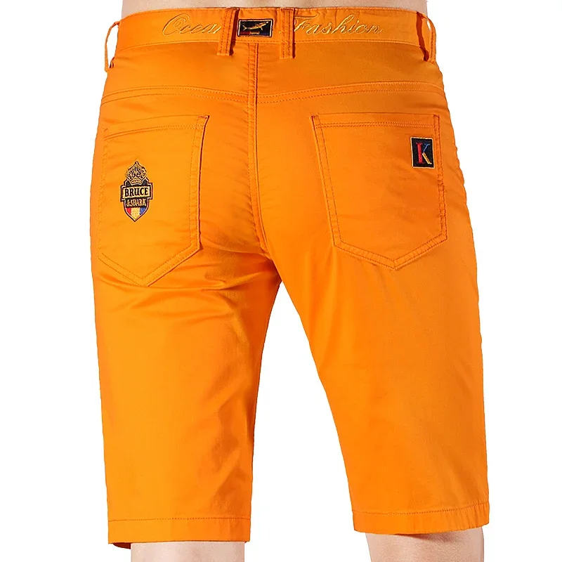 New Summer Men\'s Shorts Half Bruce&Shark Thin Zip Straight Cotton Casual Fashion Loose Stretch Men Trouser Knee Length  Orange