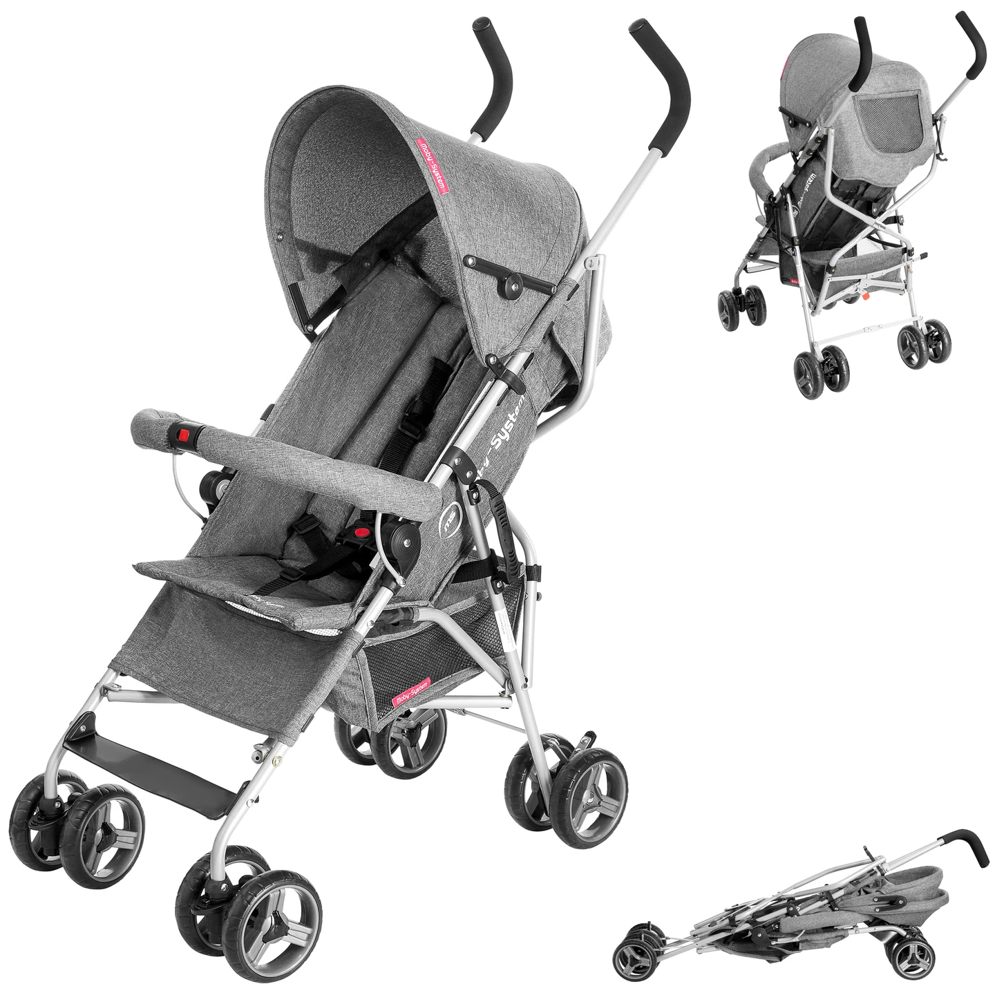 Poussette Moby-System Barton Light Umbrella Grey, pliable, avec barrière et ceintures de sécurité pour enfants jusqu'à 15 kg