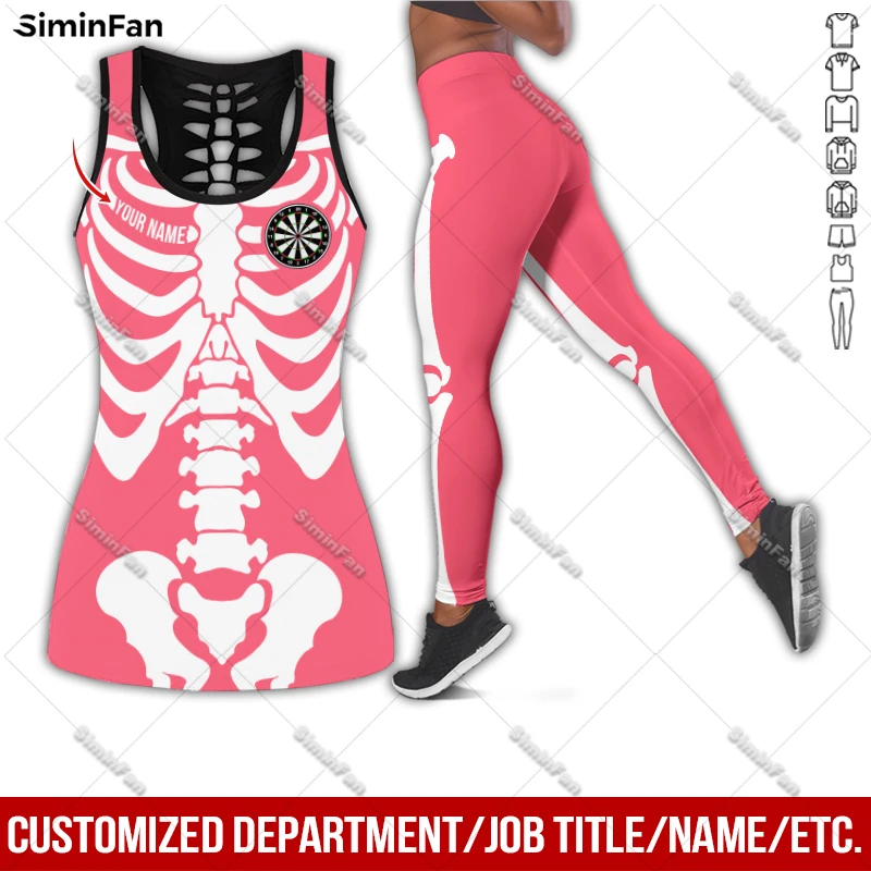 Custom Name Skeleton Dart 3D Printed Women Casual Pant Suit Tank Top Legging Female Summer Hollow Out Vest Lady Fitness Yoga Set