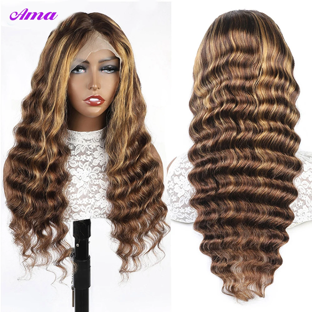 Glueless Highlight Wig Human Hair Loose Deep Wave Lace Frontal Wig 13x6 Brown Colored Lace Front Human Hair Wigs 250 Density