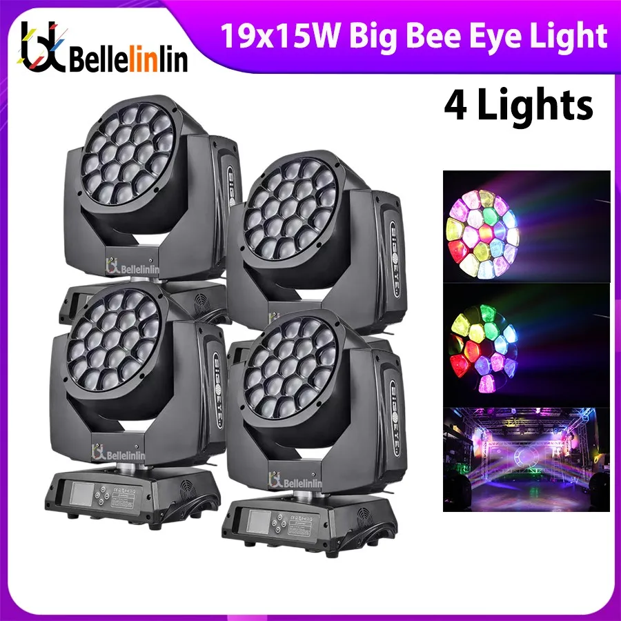 

No Tax 4Pcs Lyre Beam Led Moving Head Bee Eye Zoom 19x15W Rgbw Quad 4In1 Dmx Wash moving head light bee eye Stage Lights DJ