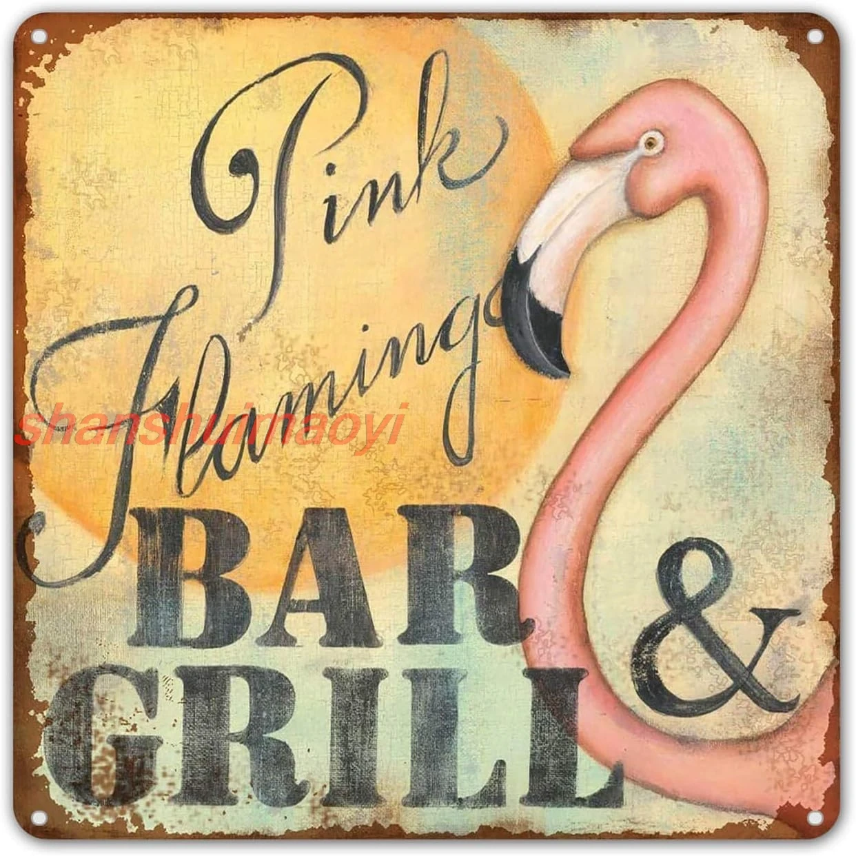 ZYPENG Pink Flamingo Bar & Grill Retro Metal Printing Wall Poster Tin Sign Wall Painting Art Metal Decor Plaques 8 x 8 inch sign
