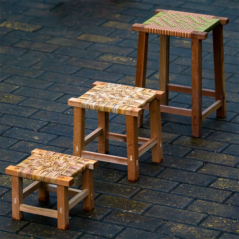 Natural Rattan Square Stool Yunnan Handmade Ethnic Design Vintage Country-Style Home Shoe Bench Decorative Small Bench