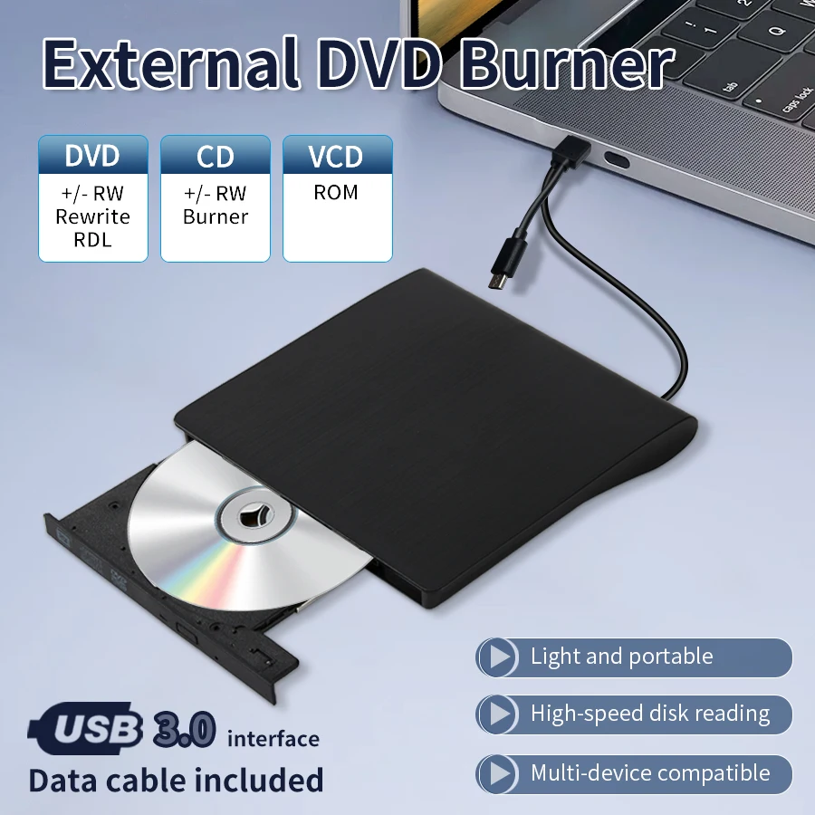 USB 3.0 Type-C DVD Burner Recorder External RW CD Writer Slim DVD-ROM Optical Drive Reader Player Portable for PC Laptop