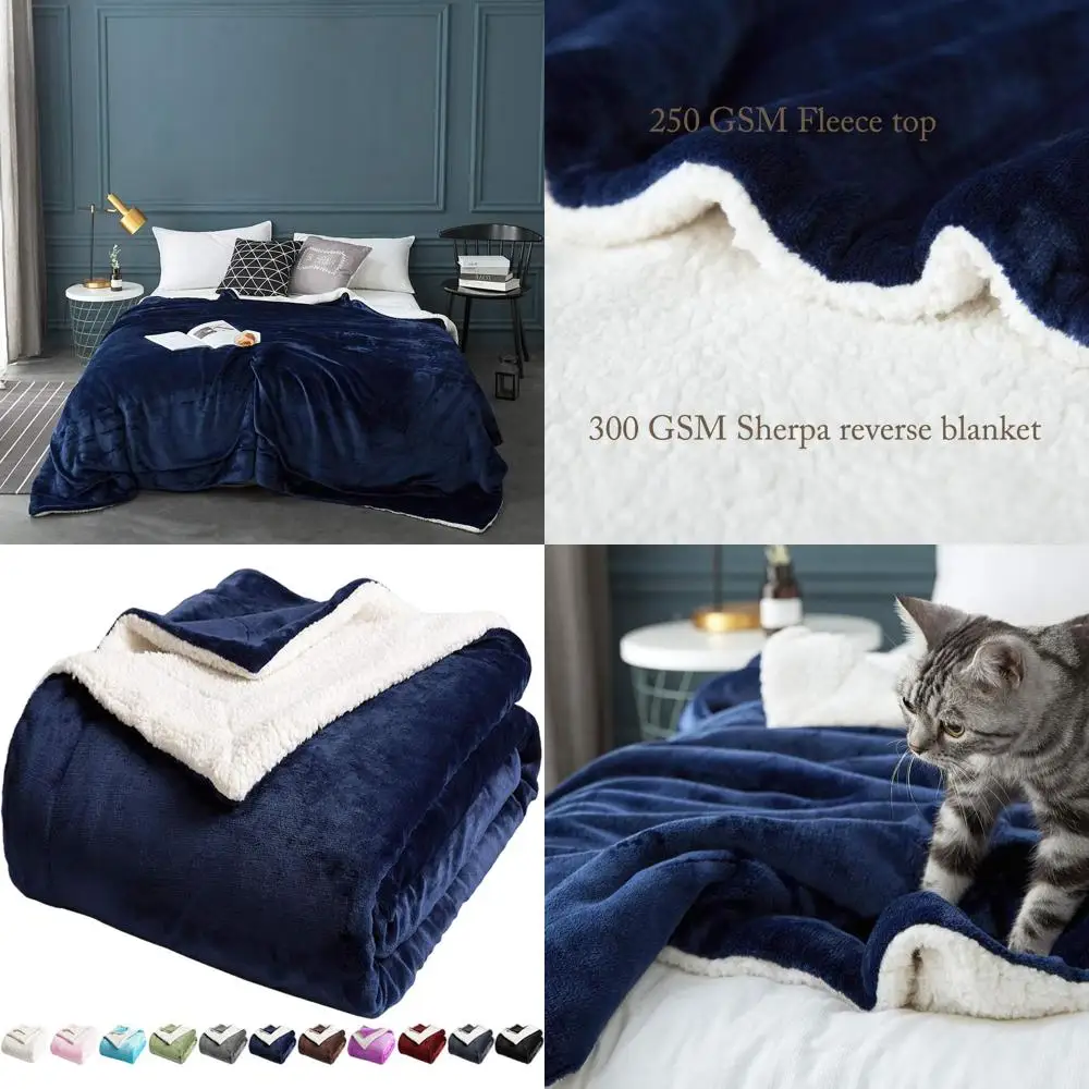 

Queen Size Sherpa Fleece Blanket - Ultra Soft, Plush, Warm, Cozy, Reversible Velvet Microfiber Throw in Navy Blue