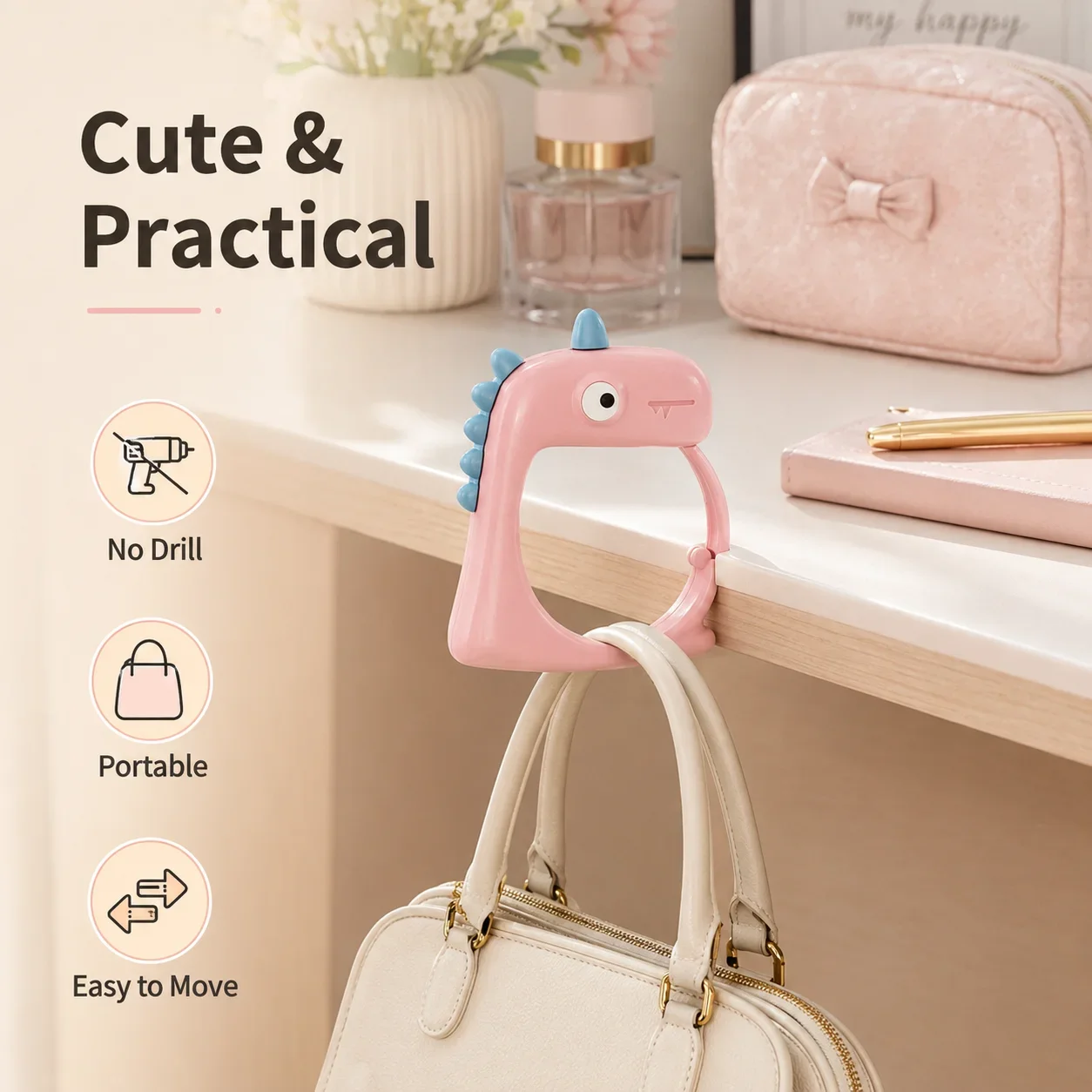Cute Cartoon Backpack Hook Portable No-Drilling Side-Mounted Bag Holder for Office Desk Strong Hook Leave-No-Mark