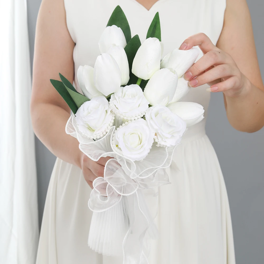 White Rose and Tulip Mixed Bridal Bouquet, Mesh Bow Artificial Flower for Wedding Photoshoot Prop Bridesmaid Bouquet，Prom Gift
