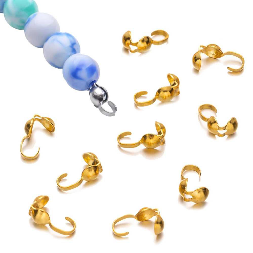 50pcs 3.2mm Stainless Steel Hypoallergenic Clamshell Calotte End Cap Knot Cover Bead Tip with Open Loop For DIY Jewelry Making