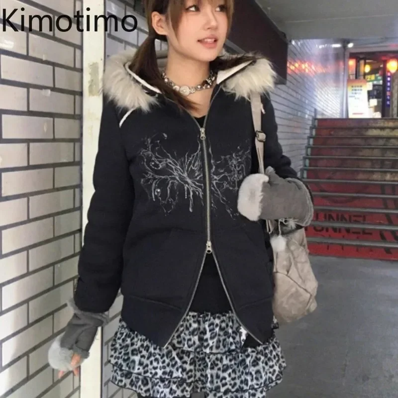 Kimotimo Y2k Fur Collar Hoodie Women Autumn Winter Print Plus Plush Thick Zipper Hooded Sweatshirts Harajuku Street Kpop Tops