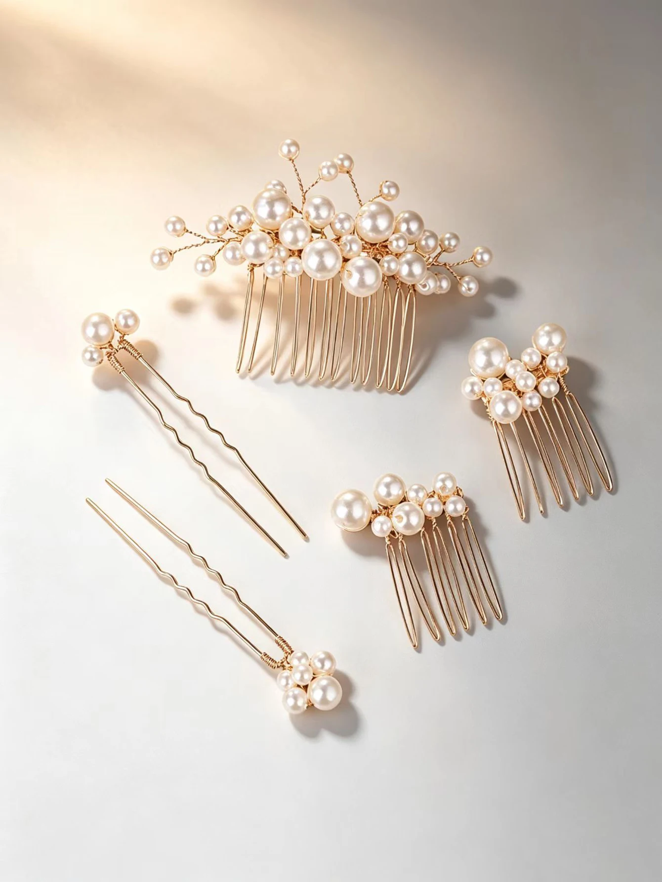 Korean-Style Bridal Pearl Hair Accessories 5-Piece Set, Light Luxury Gold Hair Comb and Hairpin Set, Versatile Wedding and Evening Gown Hair Accessories