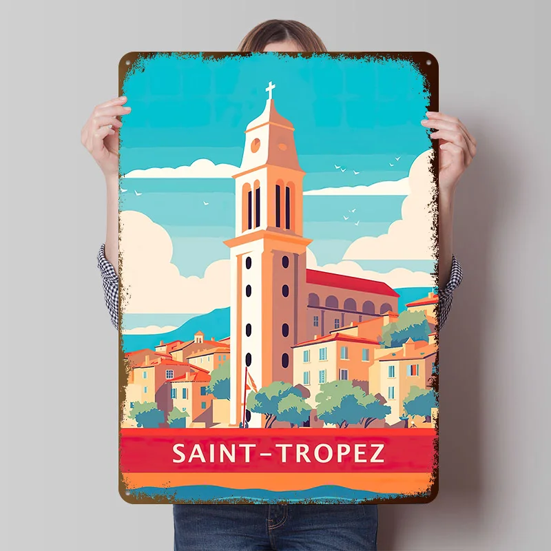 Póster Metálico de Viaje a Saint Tropez, Arte de Pared Personalizado, Letreros Retro Vintage de Hojalata para Decoración de Sala de Estar, Decoración de Escritorio