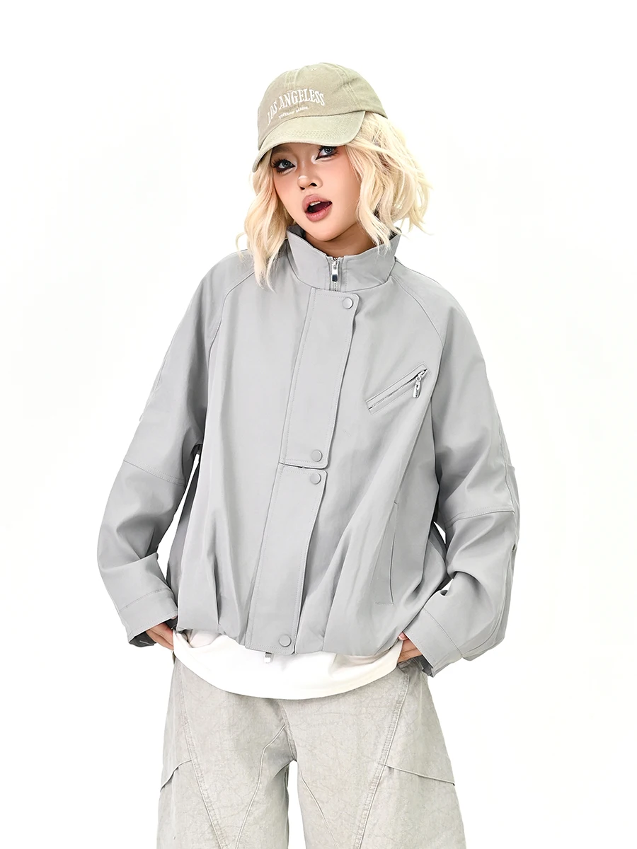 

Американская свободная рабочая куртка для женщин с воротником-стойкой и шнурком, уличная винтажная модная верхняя одежда, весна 2026