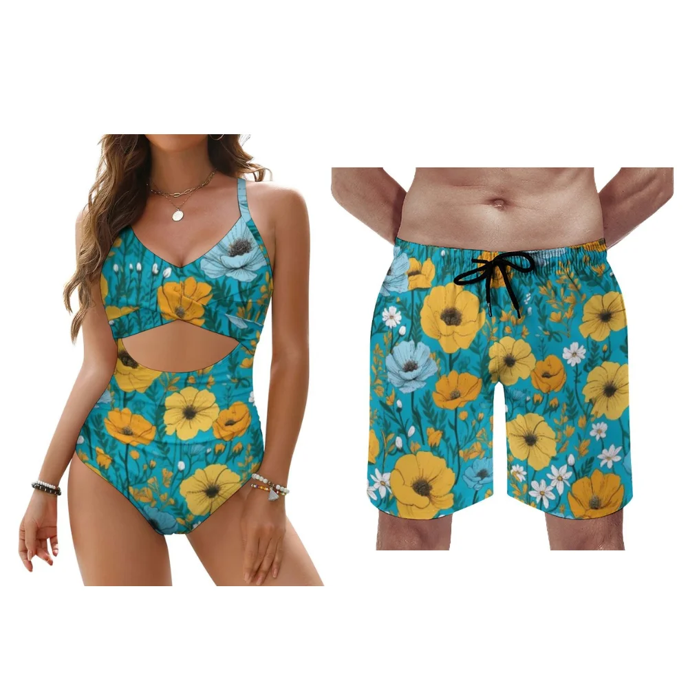 

Настраиваемые женские бикини и мужские пляжные брюки для пар в гавайском летнем цветочном стиле идеально подходят для отпуска