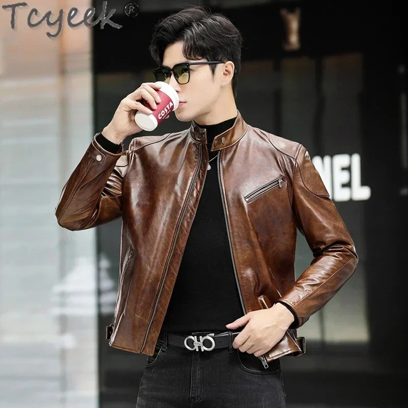 

Tcyeek Vintage Real Leather Jacket Men Stand Collar Top Layer Cowhide Coat Male Fashion Motocycle Jackets Autumn Winter Clothes