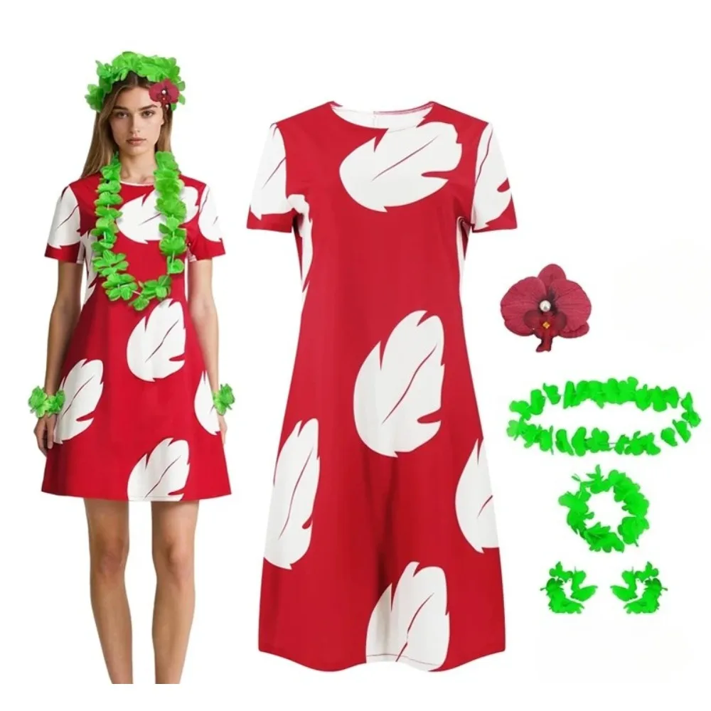 

Red Lilo Cosplay Costume Pelekai Lilo Dress with Hawaiian Leaf Flower Leis Accessories Flower Hair Clip Halloween Party Cosplay