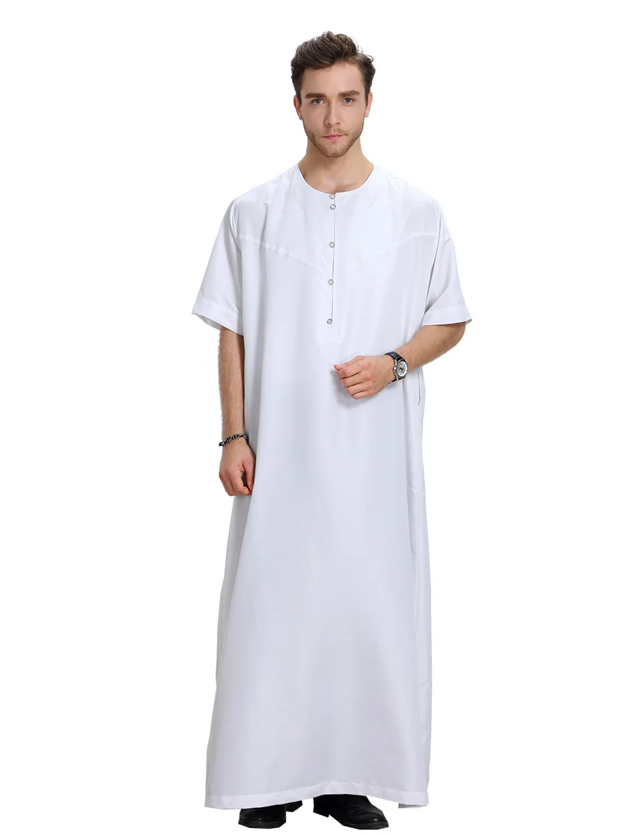 Abaya Men New Style musulmano islamico caftano tinta unita moda manica corta camicia caftano medio oriente Dubai Mens abiti Casual