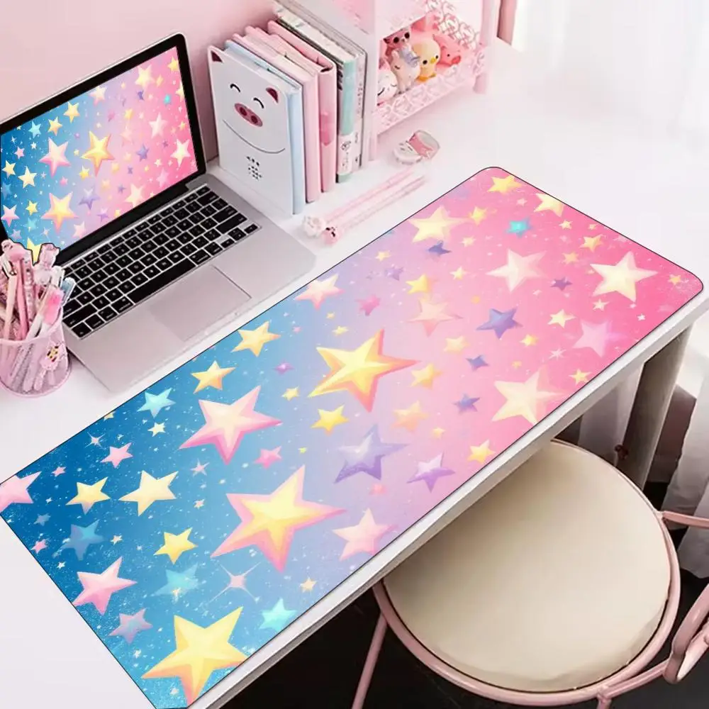 Pastel Rainbow Star Galaxy Large Mouse Pad Non Slip Rubber Desk Mat for Laptop Keyboard Gaming and Cute Kawaii Desktop Use