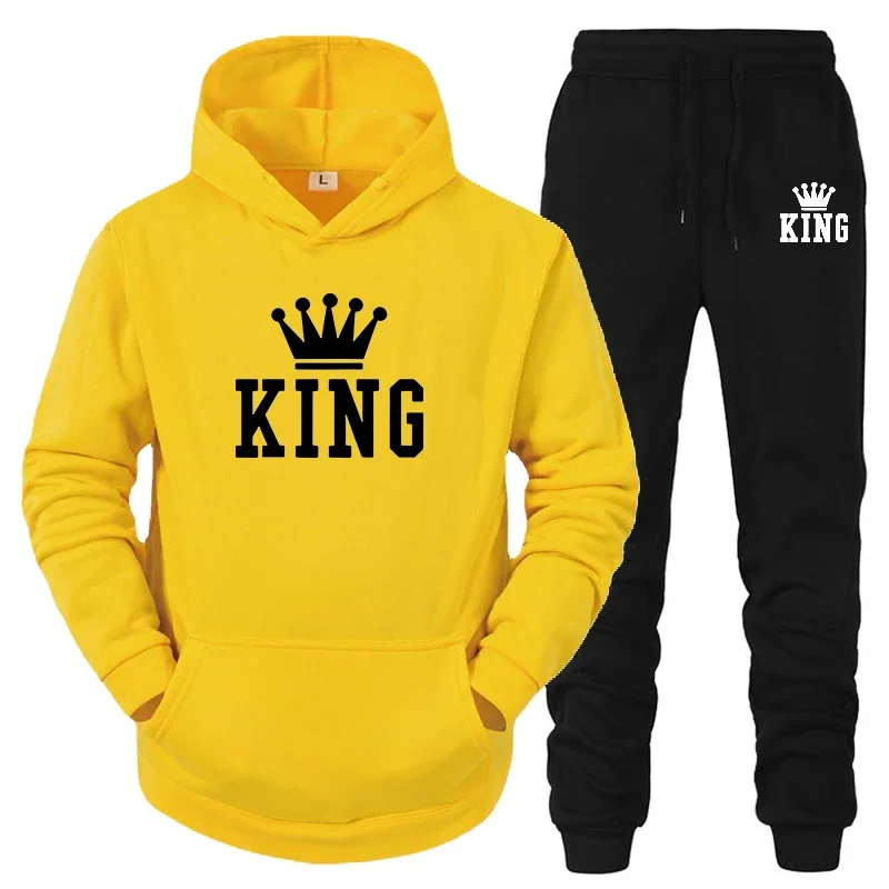 King Queen Couple Hooded Set Autumn Winter Warm Tracksuit+Sweatpants 2 Piece High Quality Jogging Mens Womens Casual Clothing