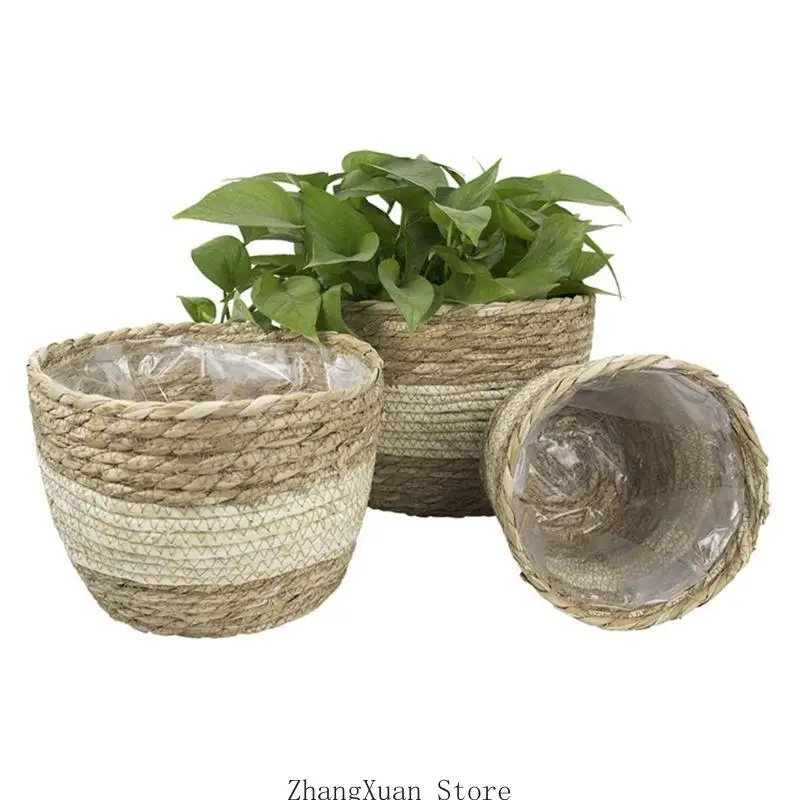 3 Stück neutrale farbblockierte Blumentopfkörbe, abgestufte Naturfaserabdeckungen 3XUF – Detail 7