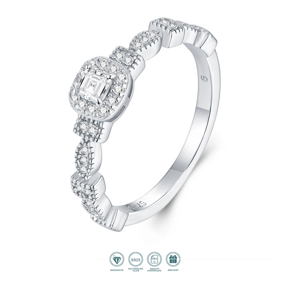 JIUZUAN S925 Sterling Silver Cushion Cut Moissanite Ring for Women Halo Design with Cubic Zirconia Elegant Engagement Jewelry