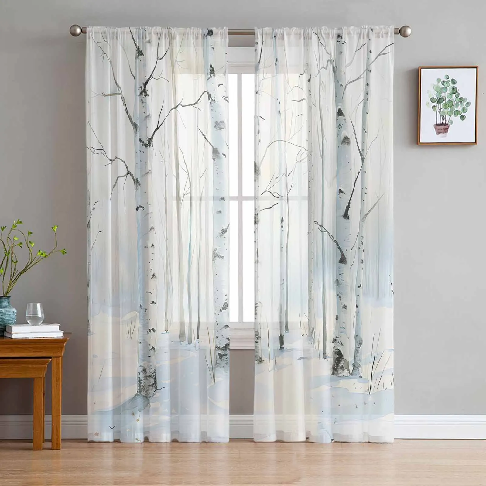 Winter Snow Scenery Watercolor Birch Tree Window Treatment Tulle Modern Sheer Curtains for Kitchen Living Room Curtains Decor