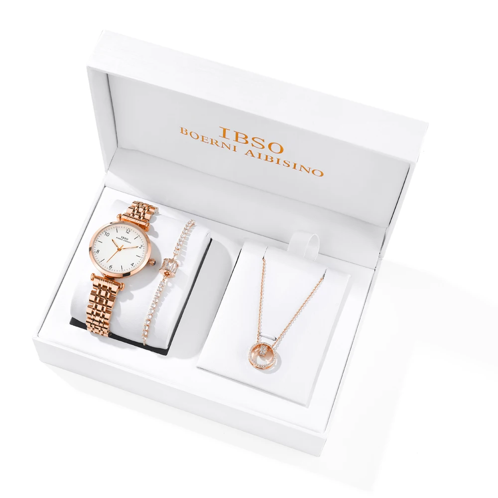 IBSO New Women Quartz Watch Set Luminous Zircon Dial Necklace Bracelet Jewelry Set Watch Ladies 3ATM Waterproof Stainless Steel