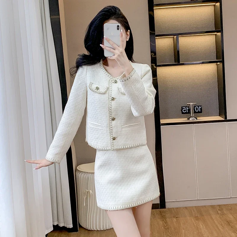 Temperament Elegant Women Suit Jacket Autumn and Winter High-end Socialite Tweed Short Coat Top Half-length Skirt Two-piece Set