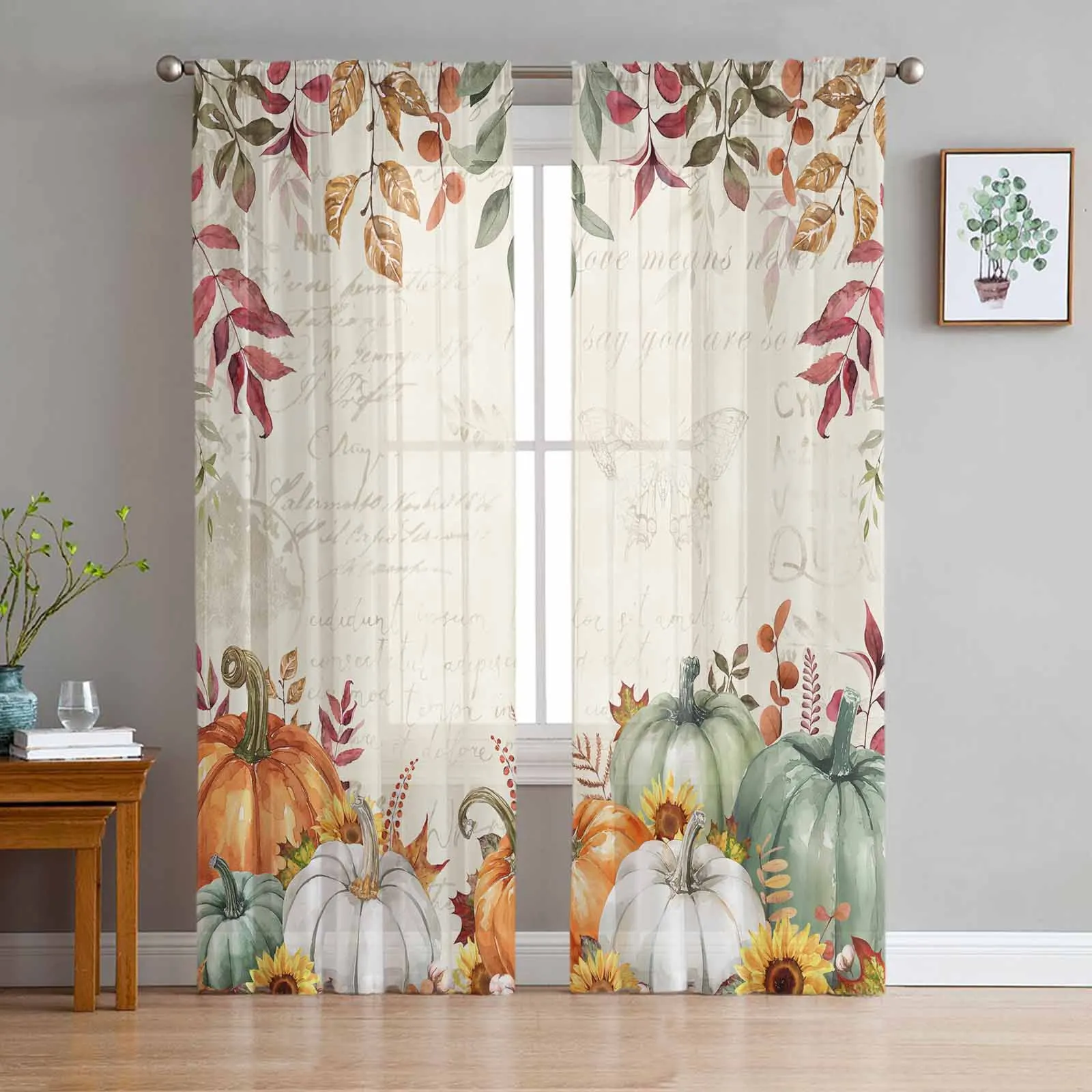 Thanksgiving Autumn Leaves Sunflower Pumpkin Tulle Curtains For Bedroom Home Decor Living Room Kitchen Voile Curtains For Blind