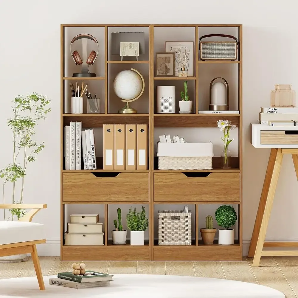 6-Tier Wooden Bookcase with 7 Open Cubes, 51 Tall Storage Organizer for Living Room, Study, Home Office, Natural Finish