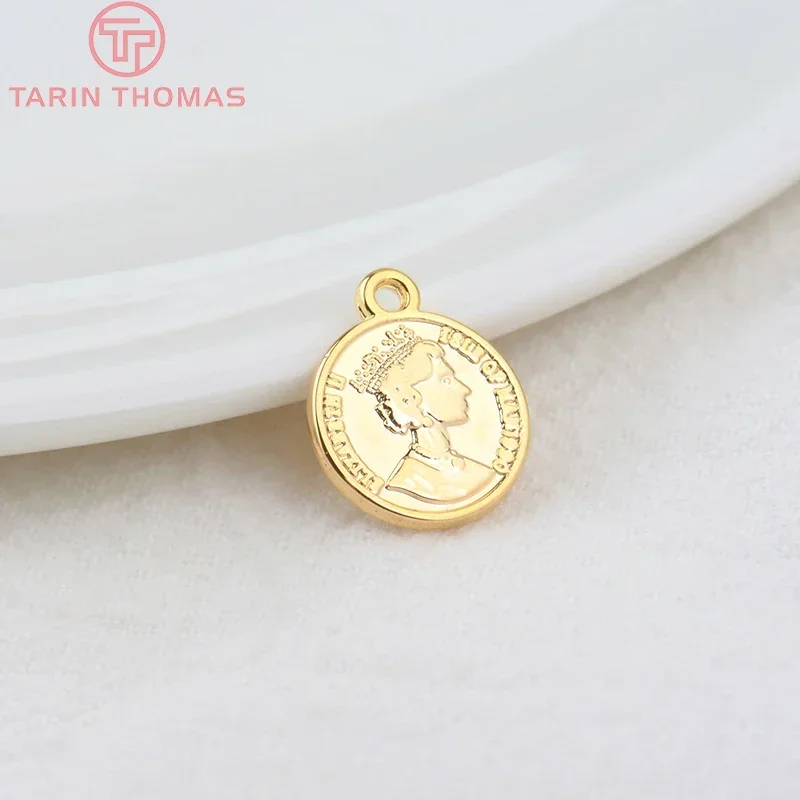 (833)10PCS 11x13.5MM Hole 1MM 24K Gold Color Brass Queen of England Coin Charms Pendants Diy Jewelry Findings Accessories