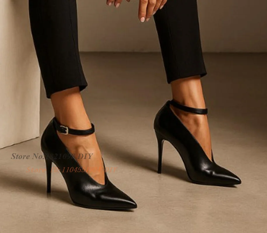 Leather Ankle Buckle Strap High Heels Women's Closed Pointed Toe Stiletto Pumps Large Size Banquet Shoes