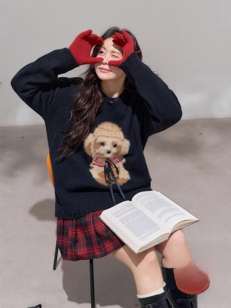 

Женский модный комплект больших размеров, корейский свитер для похудения с собакой, топ, клетчатая юбка с высокой талией, трапециевидный силуэт, осень-зима