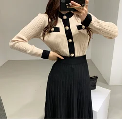 France Autumn Winter Hit Color Knitting 2 Piece Set Women O Neck Single Breasted Cardigan Sweater +Black Long Pleated Skirt Suit