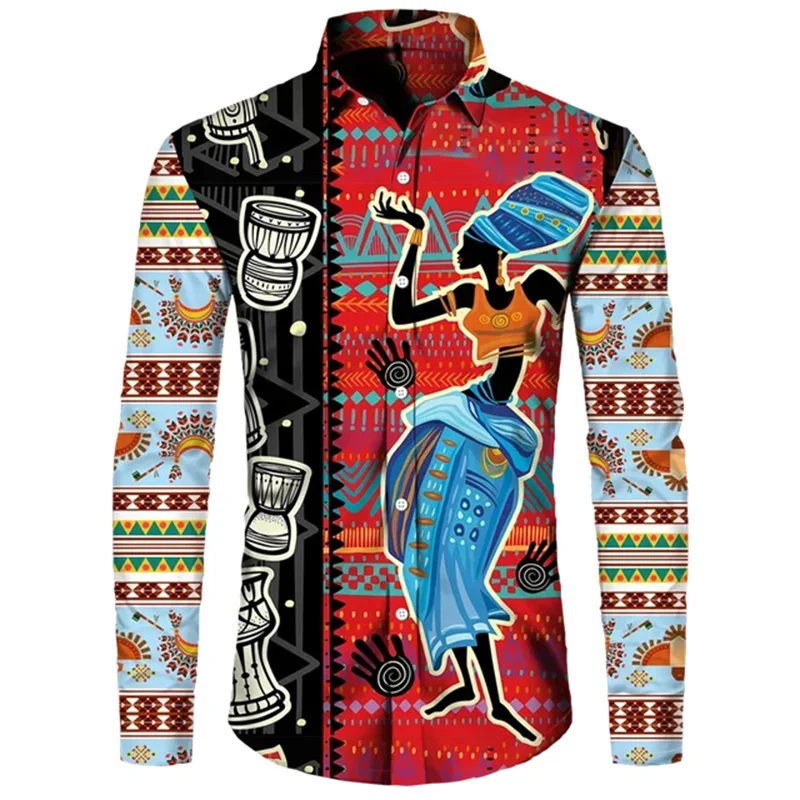 Colorful African Pattern Hawaiian Shirts For Men Retro Ethnic 3D Printed Blouse Casual Loose Aloha Shirts Long Sleeves Tops