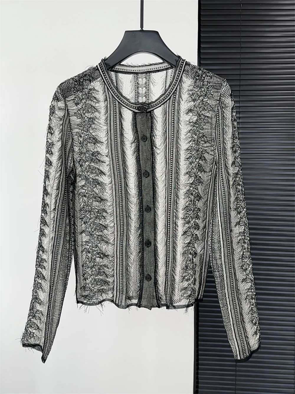 

Round Neck Single-Breasted Hollow-Out Fashionable Versatile Casual Color Block Vertical Stripe Slimming Thin Cardigan