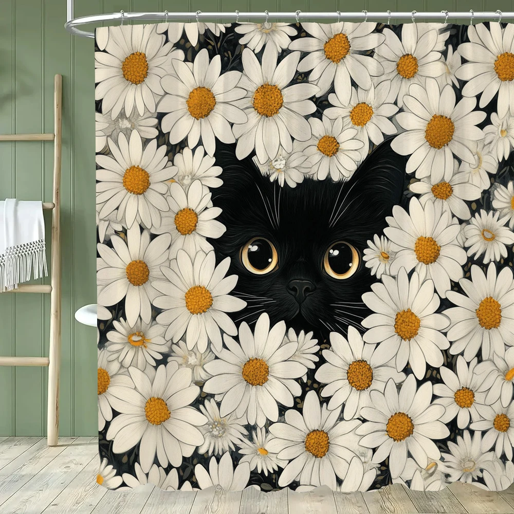 

Cartoon Cat Shower Curtain, Bathroom Decorative Flowers Shower Curtains, Home Printed Polyester Fabric Curtain with Hooks
