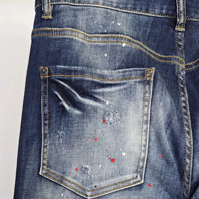 Street fashion men's jeans, high-quality stretch slim fit painted corrugated jeans designer retro brand retro blue pants hombre