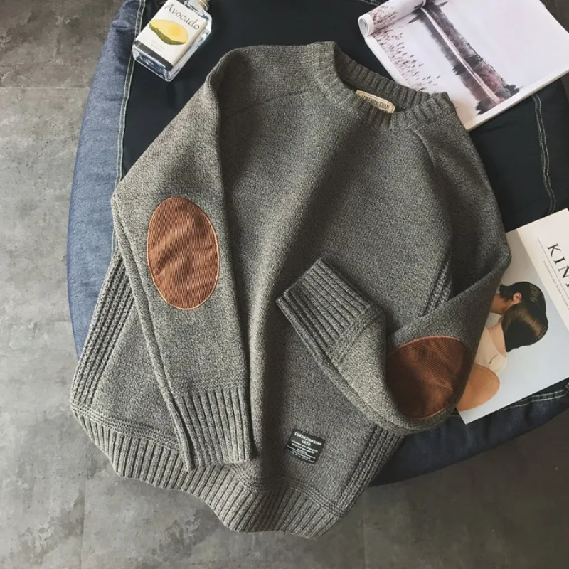KIDWHXR 2026 Man Autumn Winter Sweater Vintage Patchwork Round Neck Male Knitted Tops Loose Long Sleeve Men Casual Pullover