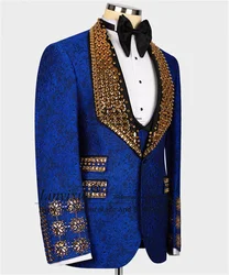 God Gem Stones Tuxedos Men Suits 3 Pieces Sets Groom Wedding Male Prom Blazer Luxury Crystal Slim Fit Blue Special Costume Homme