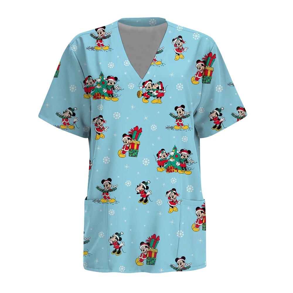 بيع التخليص سلسلة ديزني عيد الميلاد ميكي ماوس طباعة معاطف للأطباء والممرضات الدعك القمم غرفة العمليات السريرية ملابس العمل السريرية Scr #5