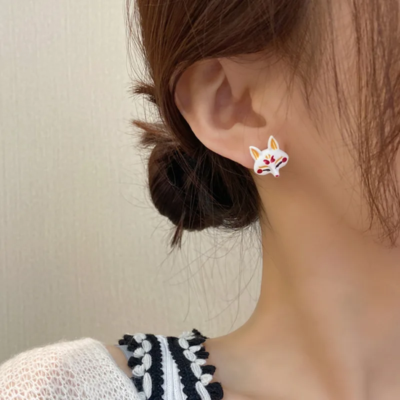 E046 Enamel Fox Earring.New Cartoon Cute Animal Fox Cherry Blossoms Alloy Studs Earrings Fashion Accessories Wholesale