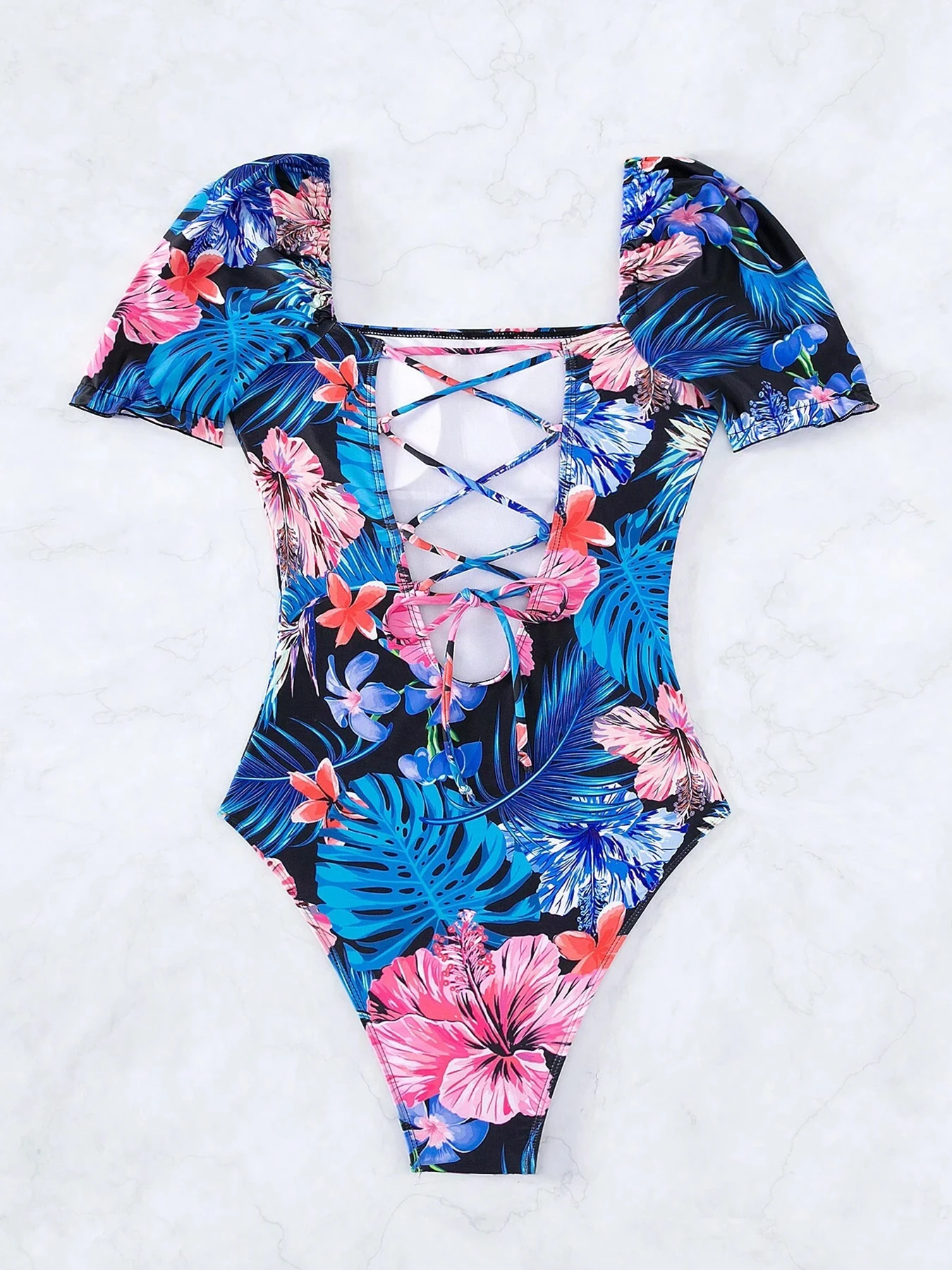 2025 New Short Sleeve Print One Piece Swimsuit For Women Backless Bandage Swimwear Female Bodysuit Bathing Suit Summer Beachwear