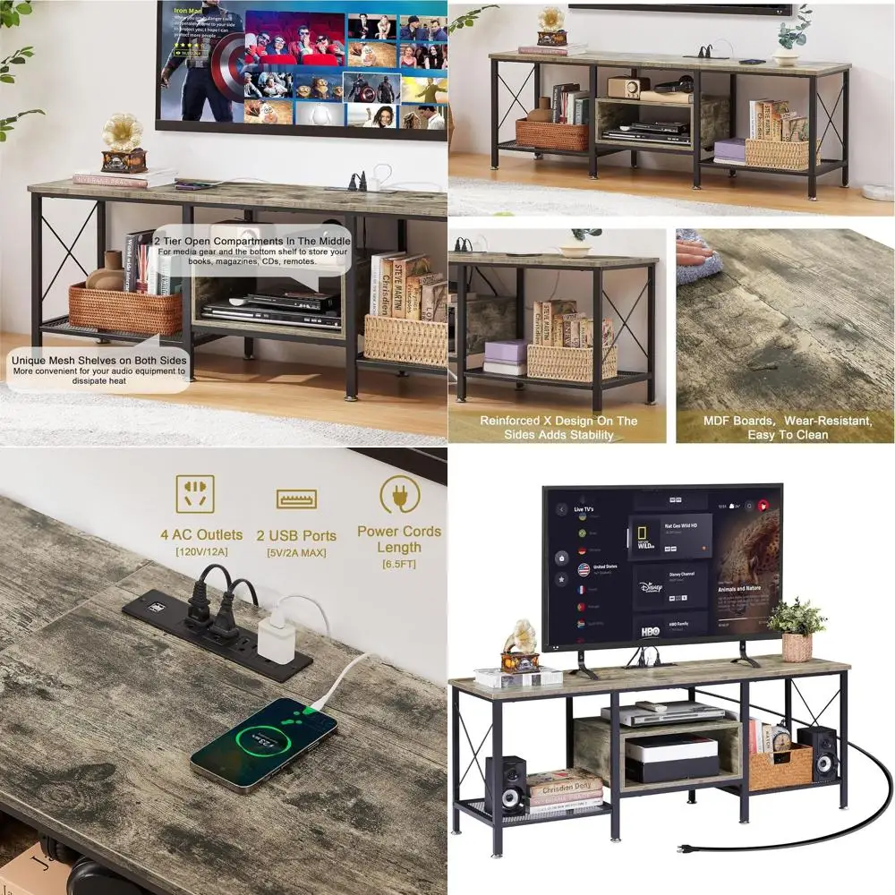 

TV Stand with Power Outlets for 65 Inch Industria Media Entertainment Center with Charging Station, 3-Tier Open Shelves & Metal